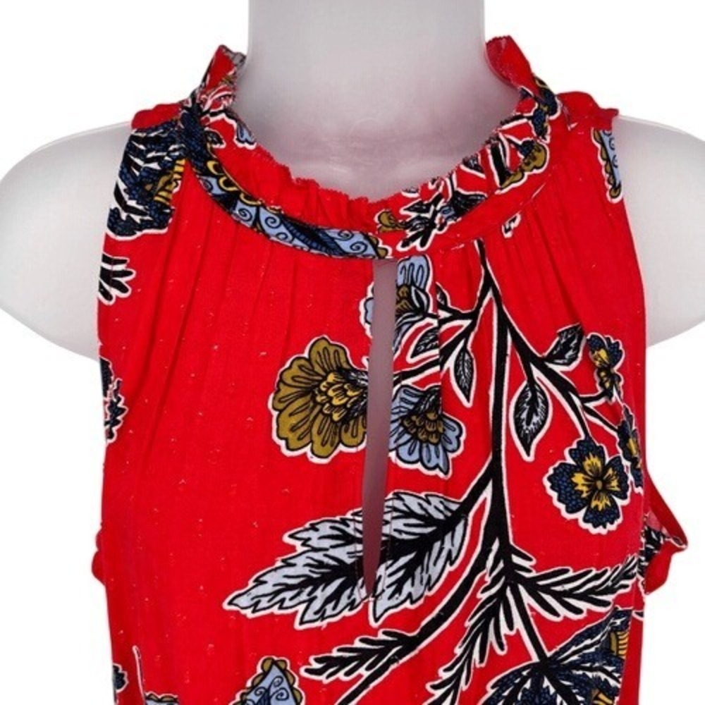 LOFT Petites Red Floral Ruffle Neck Sleeveless Romper Size SP - Picture 6 of 15